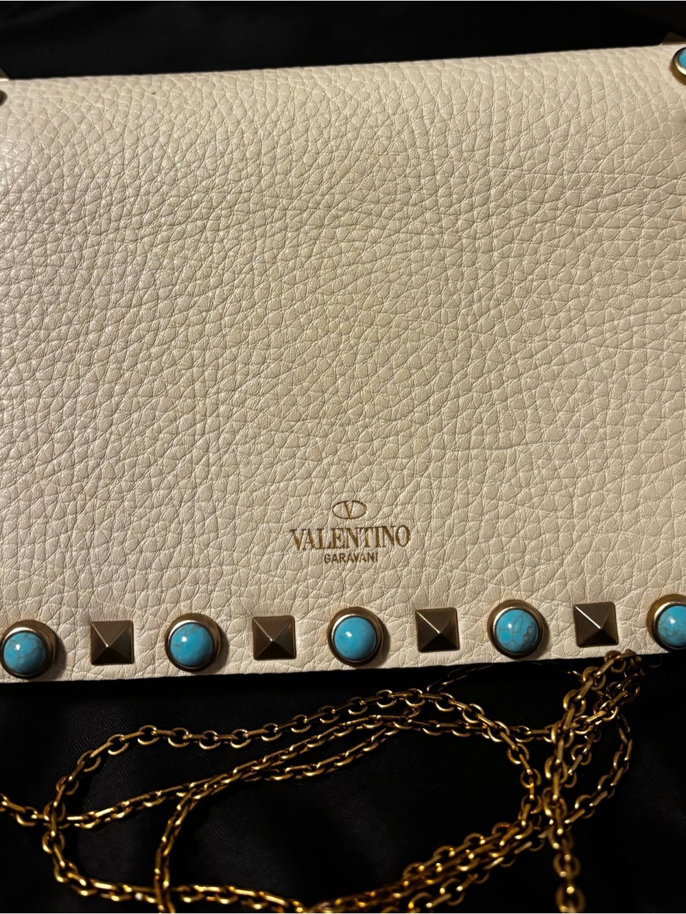 Valentino Garavani Cream Leather Studded wallet on chain with Turquoise Accents